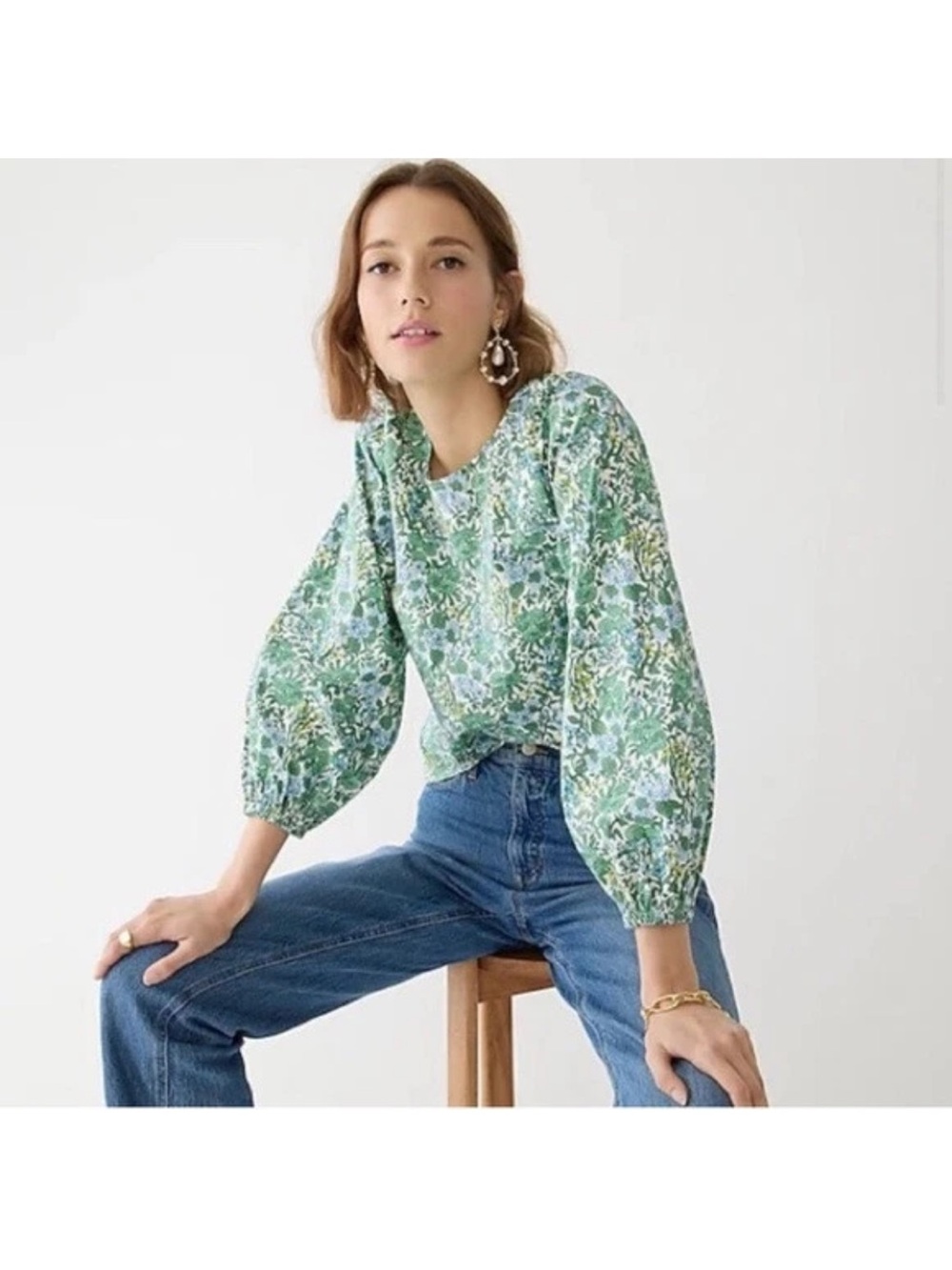 J.Crew Tie-Back Stretch Cotton Poplin-blend Top Blouse Fete Floral Green Sz. 14 - Picture 3 of 15